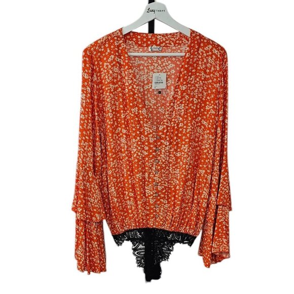 Intimately Free People Shes Ditsy Bodysuit, V-Neck, Floral, Lace Bottom, Size S - Picture 1 of 10